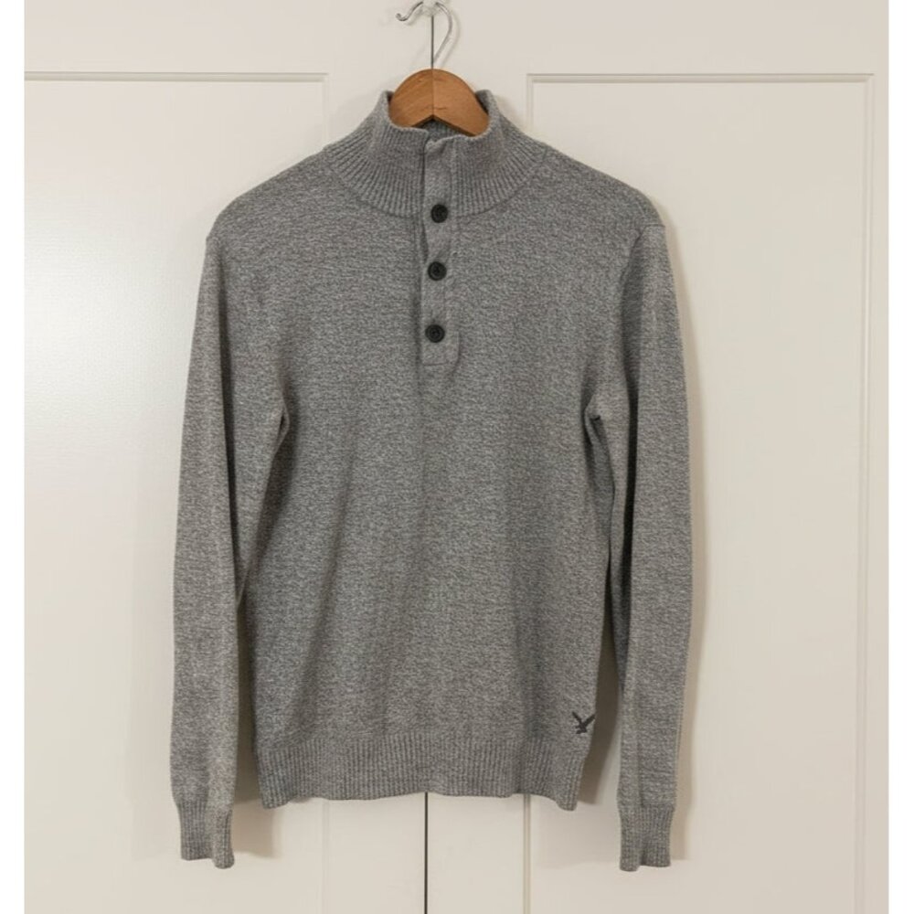 American Eagle Men’s Heather Gray‎ Button Mock Neck Sweater Size Small Cotton